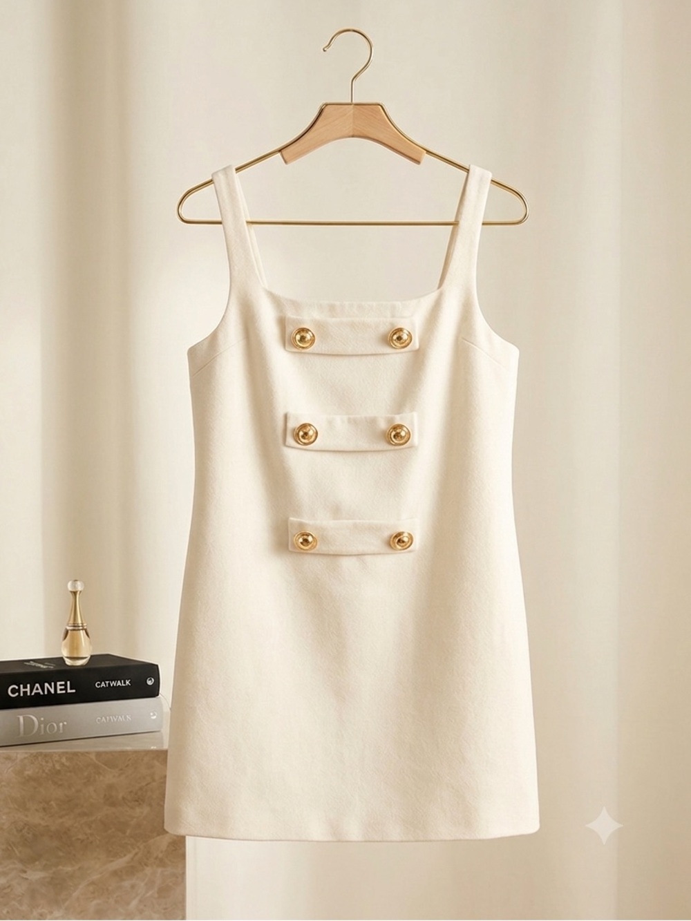 Alexis Cream Mini Shift Dress with Gold Buttons XL